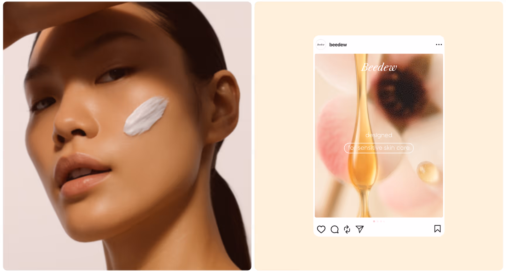 A close-up of a person with smooth skin, a dab of cream on the cheek. Beside, an ad for "Beedew" skincare, featuring a dropper with golden liquid.