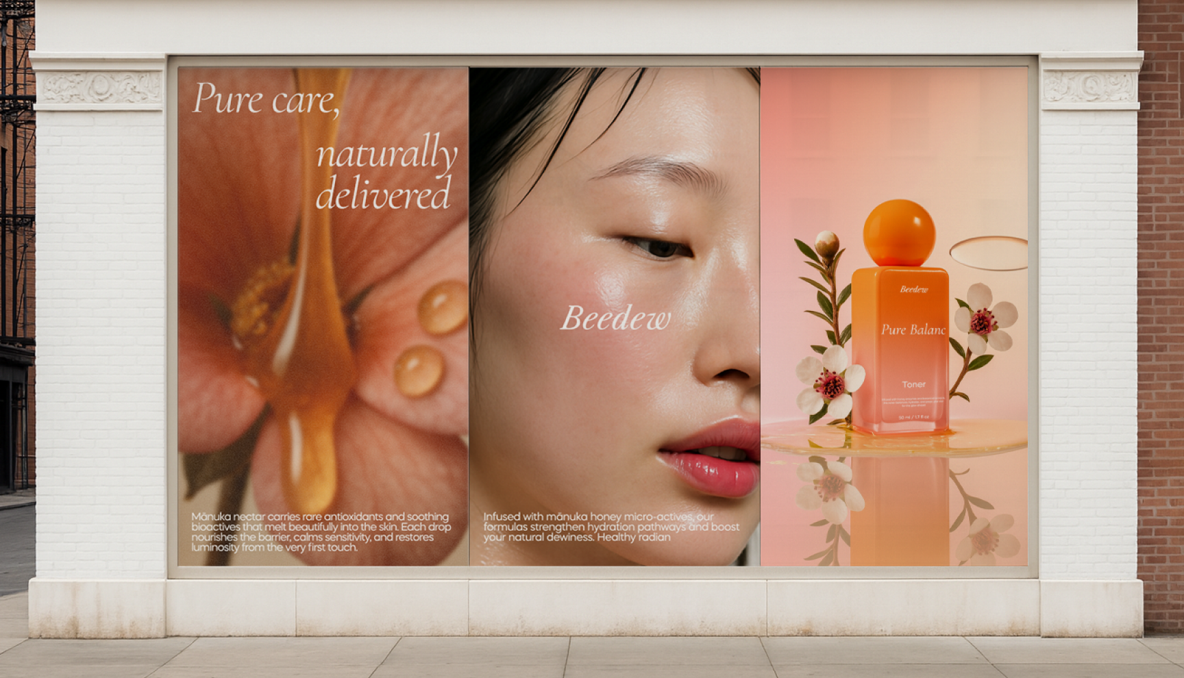 A beauty advertisement in three panels. Left: Close-up of a flower with text 'Pure care, naturally delivered.' Center: Woman's face with dewy skin and text 'Beedew.' Right: Orange skincare bottle labeled 'Pure Balance Tone,' adorned with flowers. The tone
