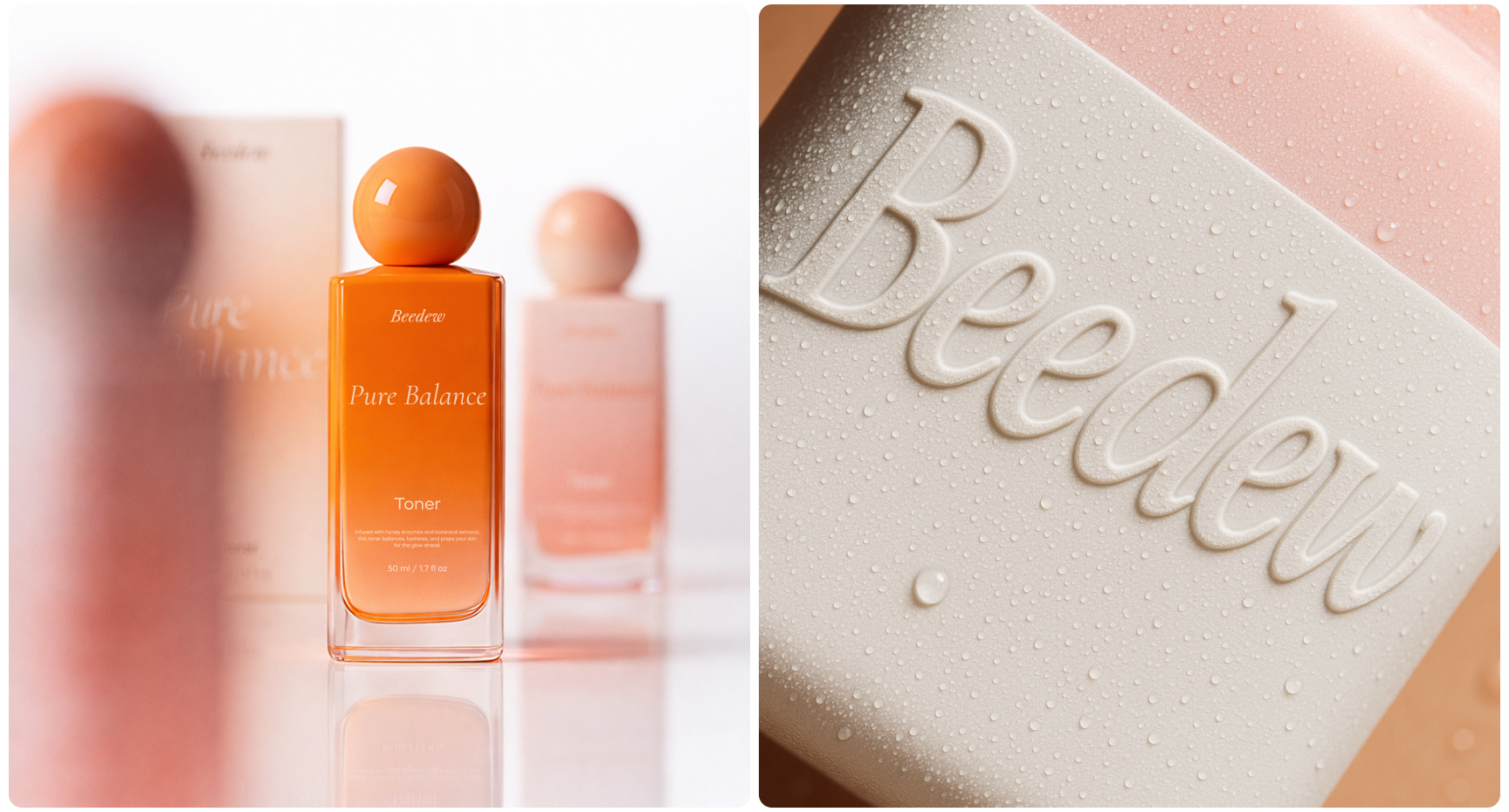 An orange bottle labeled "Pure Balance Toner" with a round cap sits against a blurred background. Close-up of "Beedew" on a textured surface with water droplets.