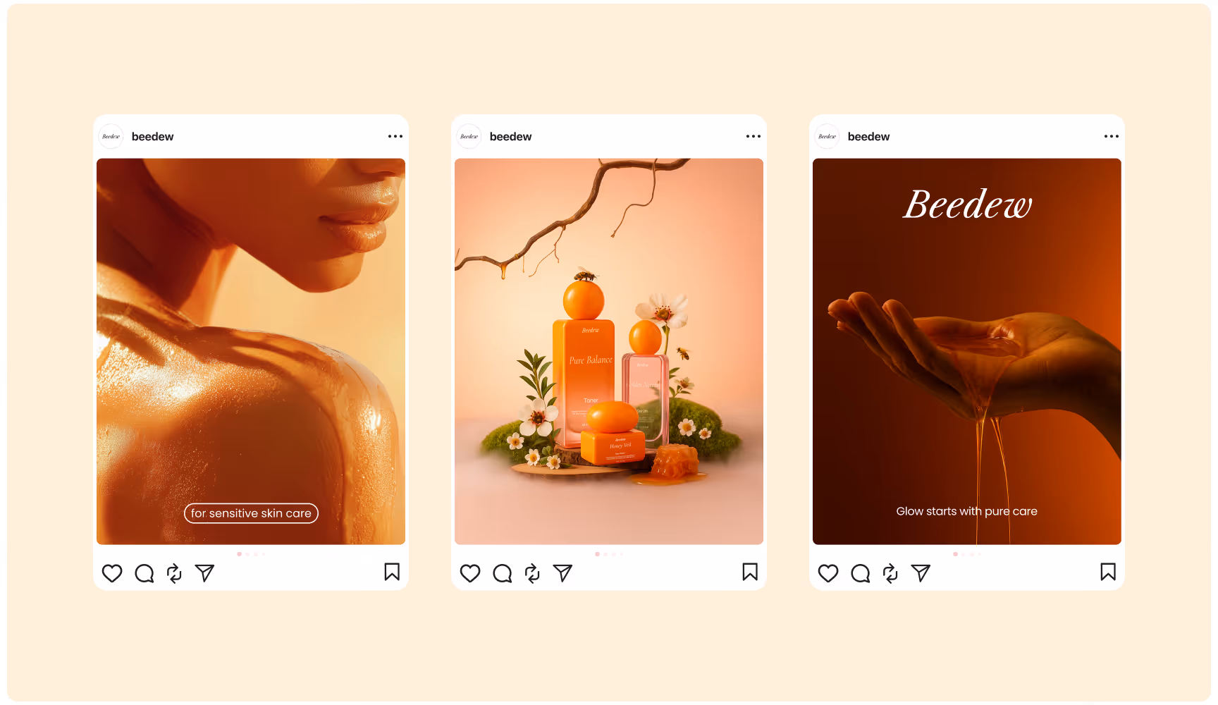 A triptych ad for "beedew" skincare features glowing skin on the left, product bottles against a floral backdrop in the center, and honey dripping into a hand on the right.