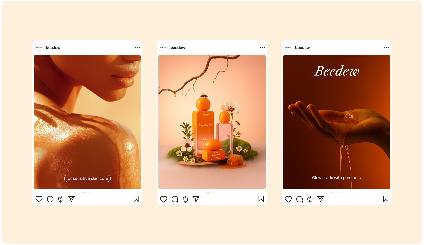A triptych ad for "beedew" skincare features glowing skin on the left, product bottles against a floral backdrop in the center, and honey dripping into a hand on the right.