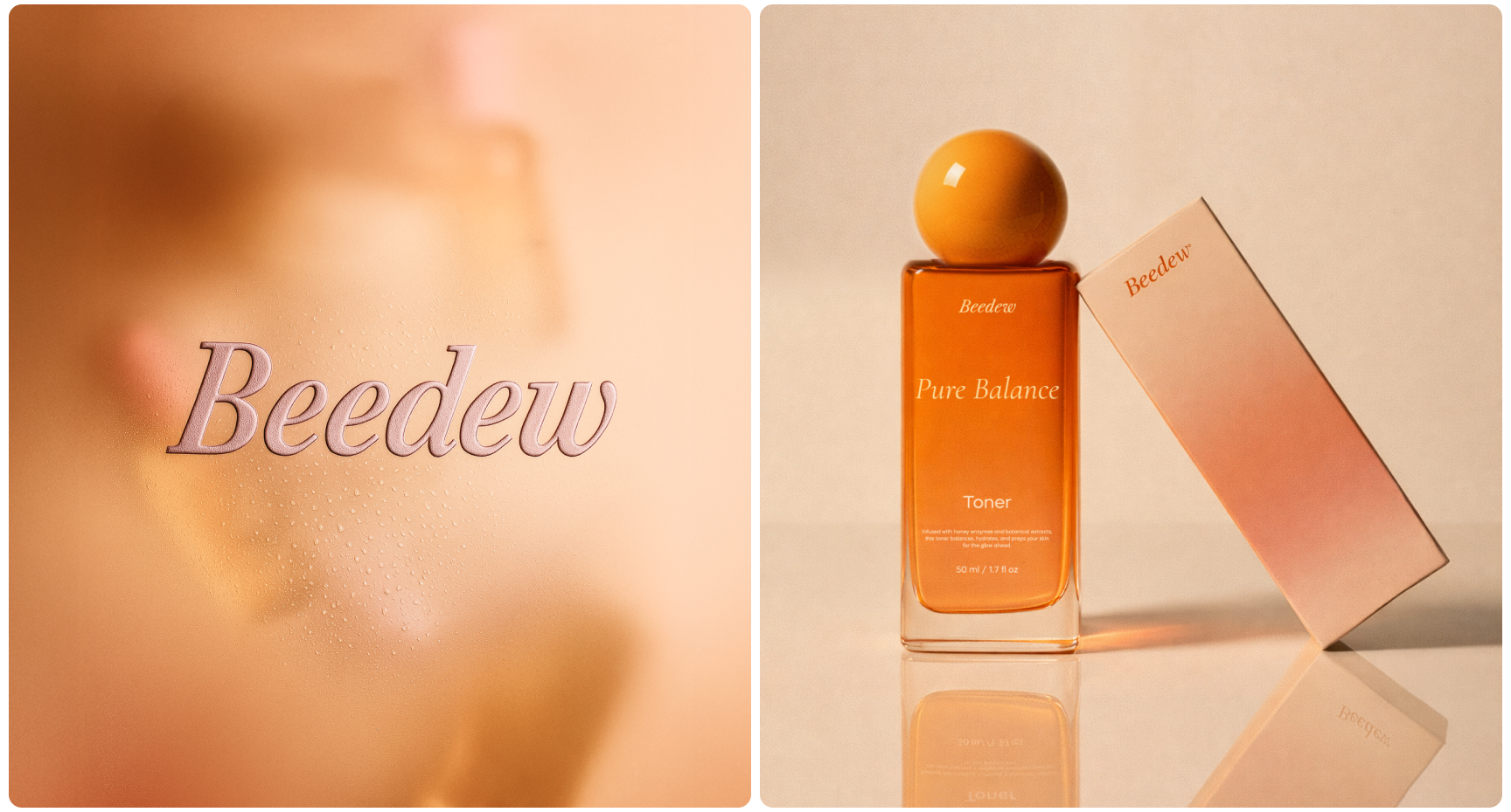 Split image of Beedew skincare product. Left side features a dewy, blurred effect with 'Beedew' text. Right side shows an orange Beedew Pure Balance Toner bottle beside its matching box, set against a soft, warm background.