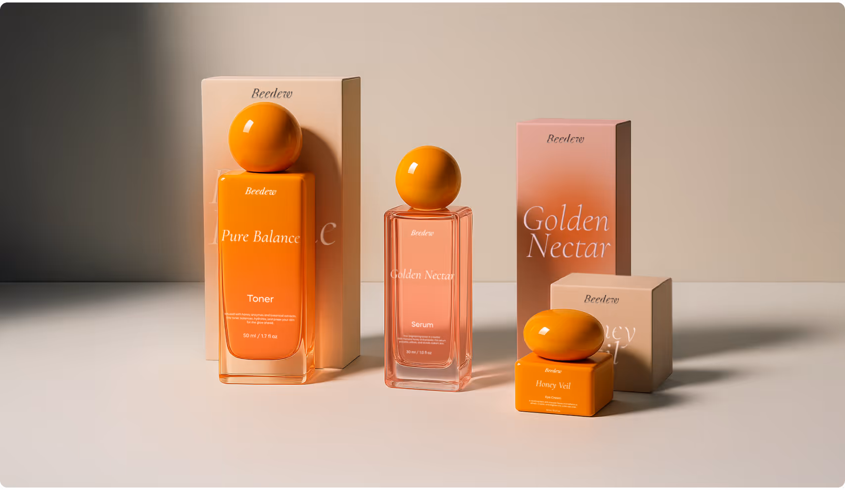 Luxurious skincare set featuring orange and peach bottles and jars. Elegant packaging with text "Pure Balance" and "Golden Nectar" on a neutral background.