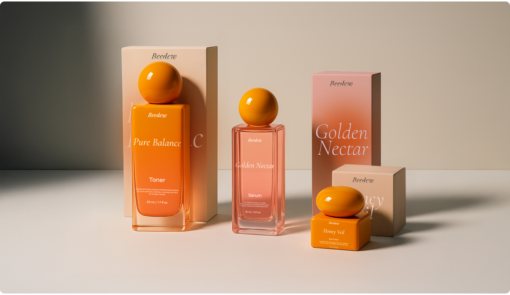 Luxurious skincare set featuring orange and peach bottles and jars. Elegant packaging with text "Pure Balance" and "Golden Nectar" on a neutral background.