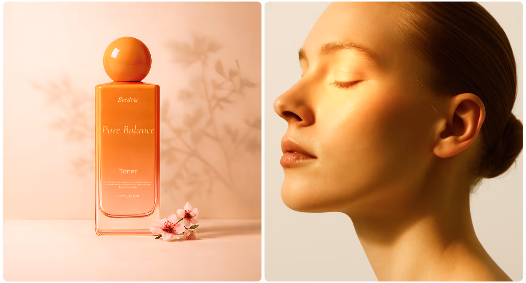 A bottle of "Pure Balance" toner with a round cap stands next to pink flowers on the left. On the right, a serene woman basks in warm light.