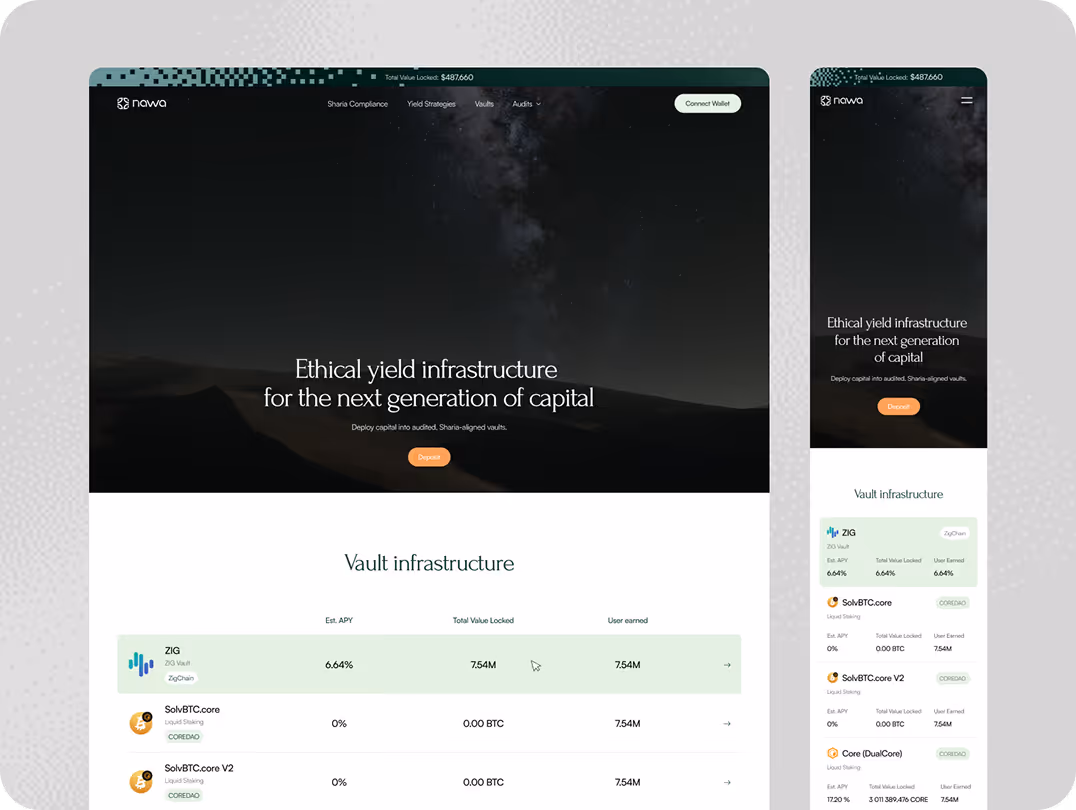 User interface showcasing an ethical yield infrastructure website. Features include APY rates and total value locked under a starry night sky design.