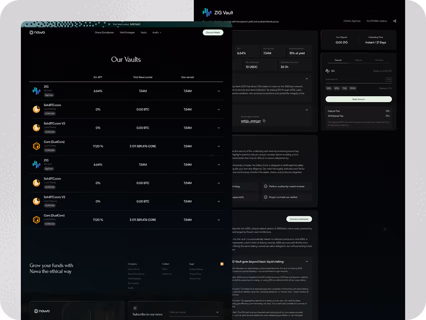 Dark-themed cryptocurrency dashboard displaying vault options with estimated annual yield (6.681%), total values, and currencies. Professional and informative tone.