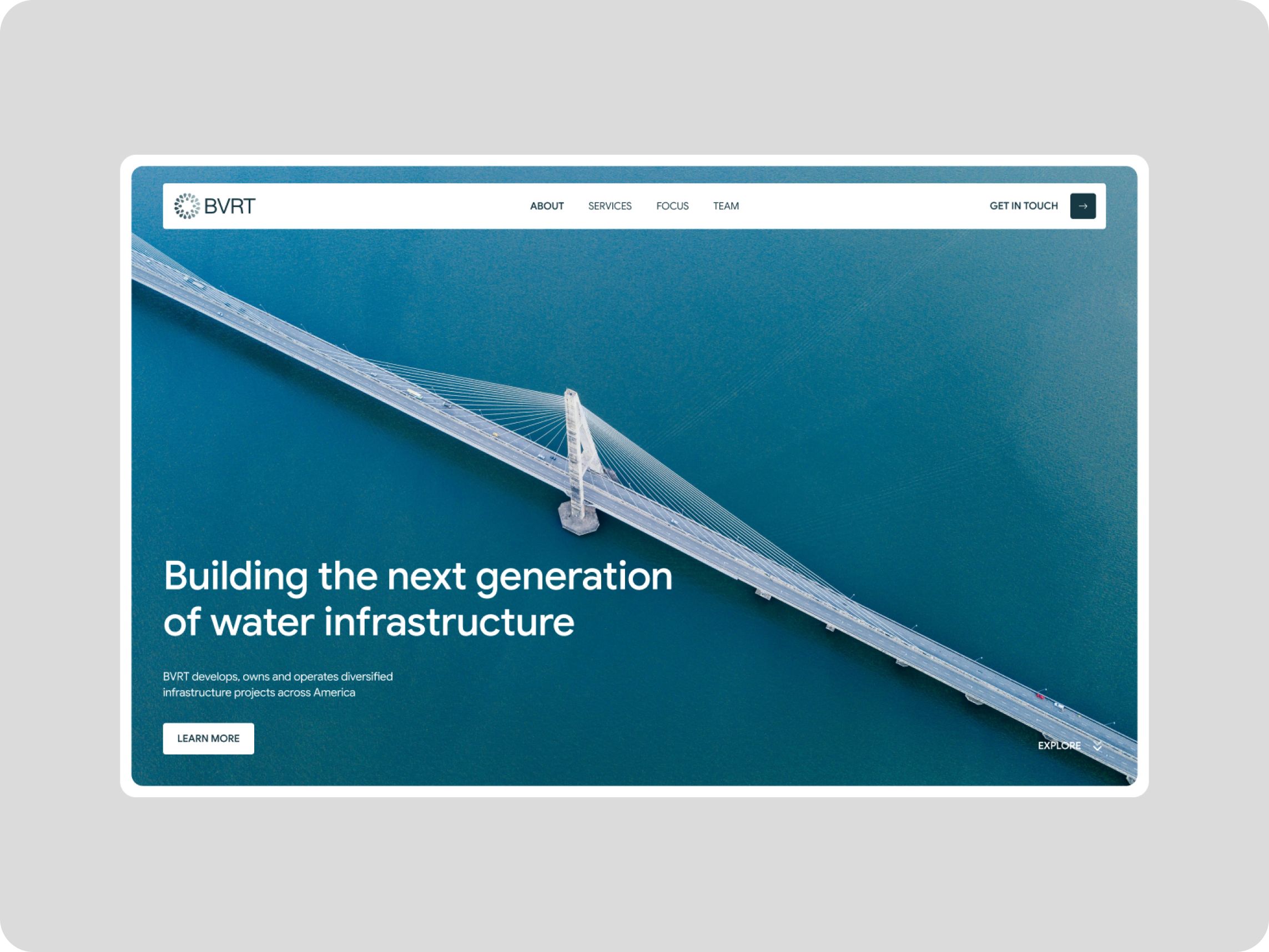 Aerial view of a sleek modern bridge over blue water. Text: "Building the next generation of water infrastructure" with a "Learn More" button.