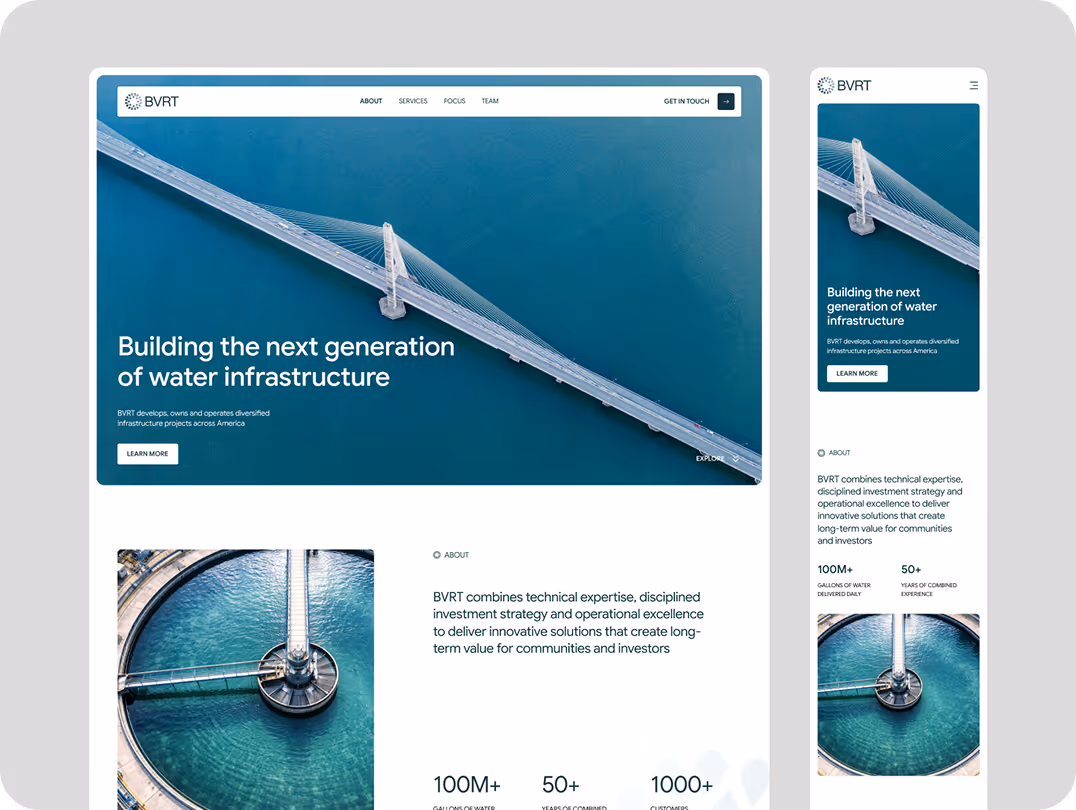 Website homepage displaying an aerial view of a suspension bridge over water, with text highlighting water infrastructure development. Includes navigation bar and info on BVRT's expertise.