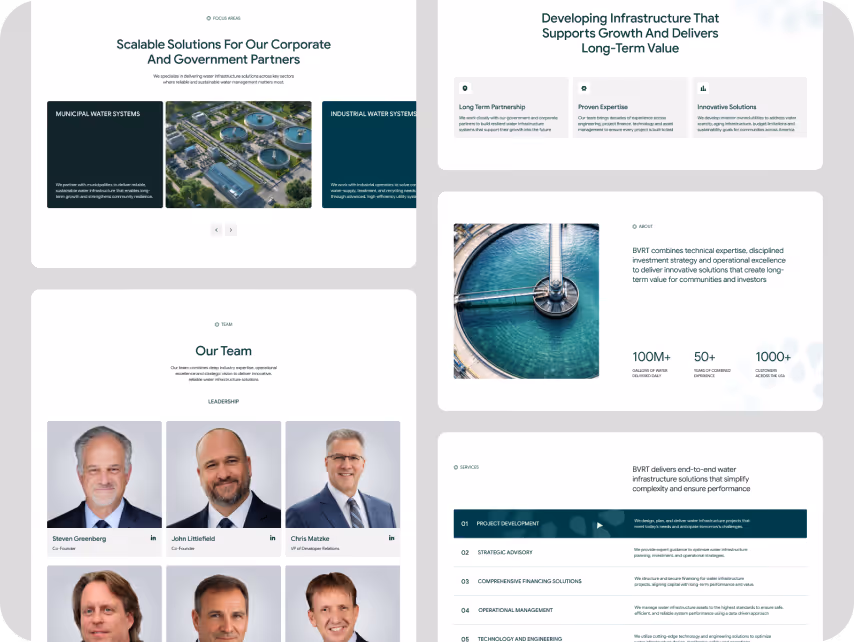 Collage of corporate presentation slides featuring water infrastructure. Images showcase municipal and industrial water systems, a leadership team, and company services. Text highlights solutions, expertise, and project development. Professional tone.