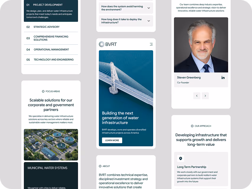 Image of a water infrastructure company's webpage. Features include a navigation menu with project offerings, a bridge photo, text on scalable solutions for corporate and government partners, and a profile picture of a co-founder.