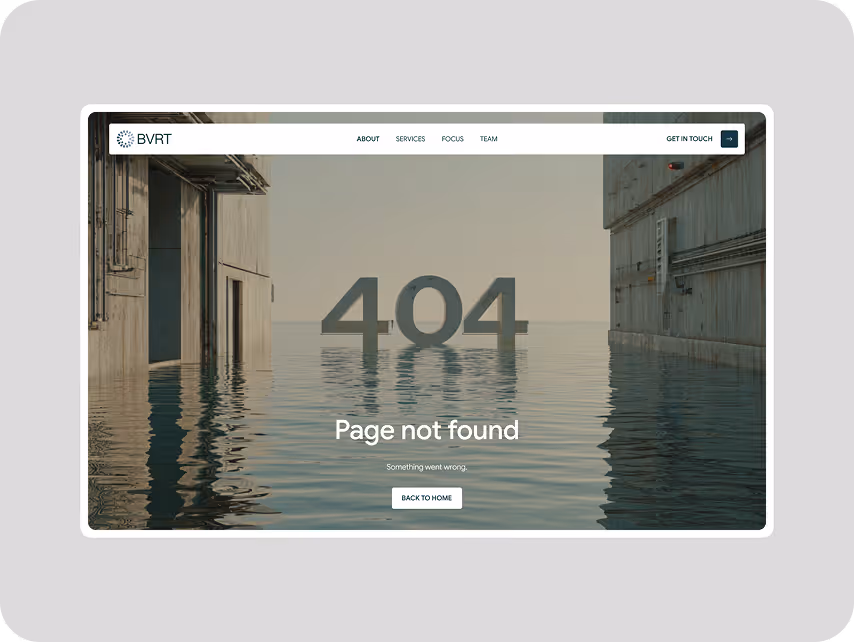 Website screenshot showing a 404 error page. The text 'Page not found' overlays an image of a flooded building corridor, conveying a sense of something gone awry or lost. Header includes navigation options like About and Services.