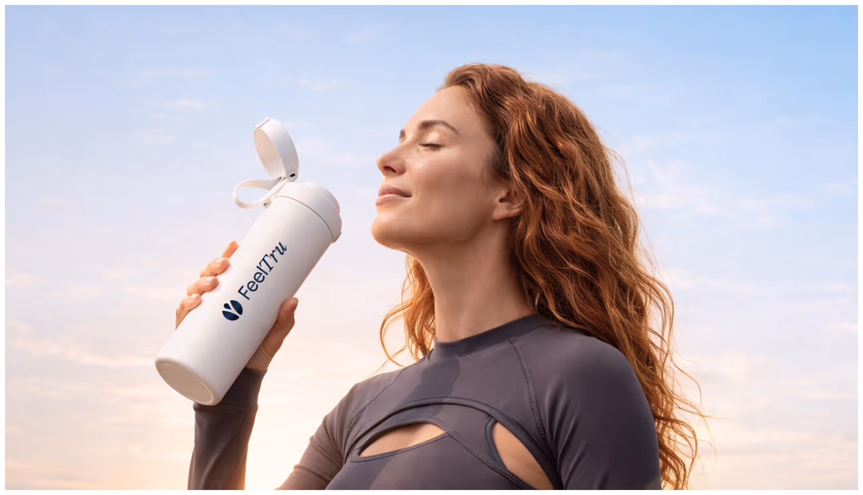 A woman with red hair and a peaceful expression holds a "FeelTru" bottle against a serene sky backdrop, suggesting relaxation and wellness.