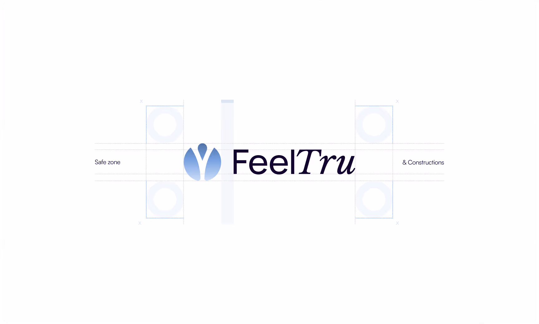 Logo design featuring a stylized blue and white icon next to the text "FeelTru" in elegant font, with grid lines for alignment.