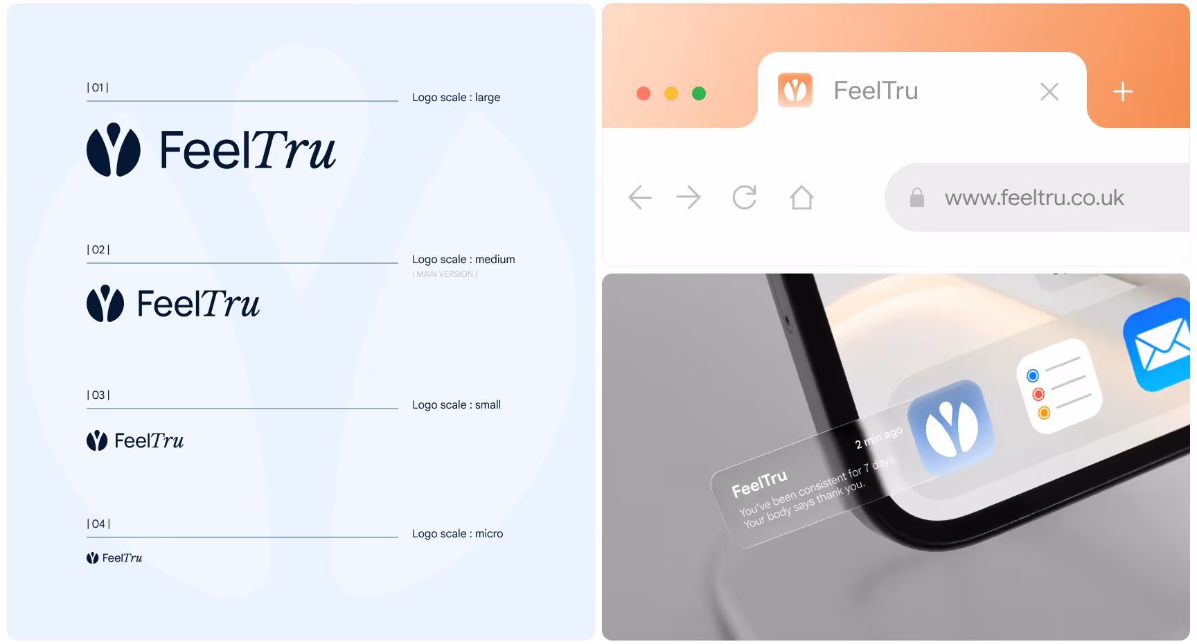 Logos for "FeelTru" shown in four sizes: large, medium, small, and micro. The brand is displayed on a web browser bar and a smartphone screen, conveying a sleek, modern design.