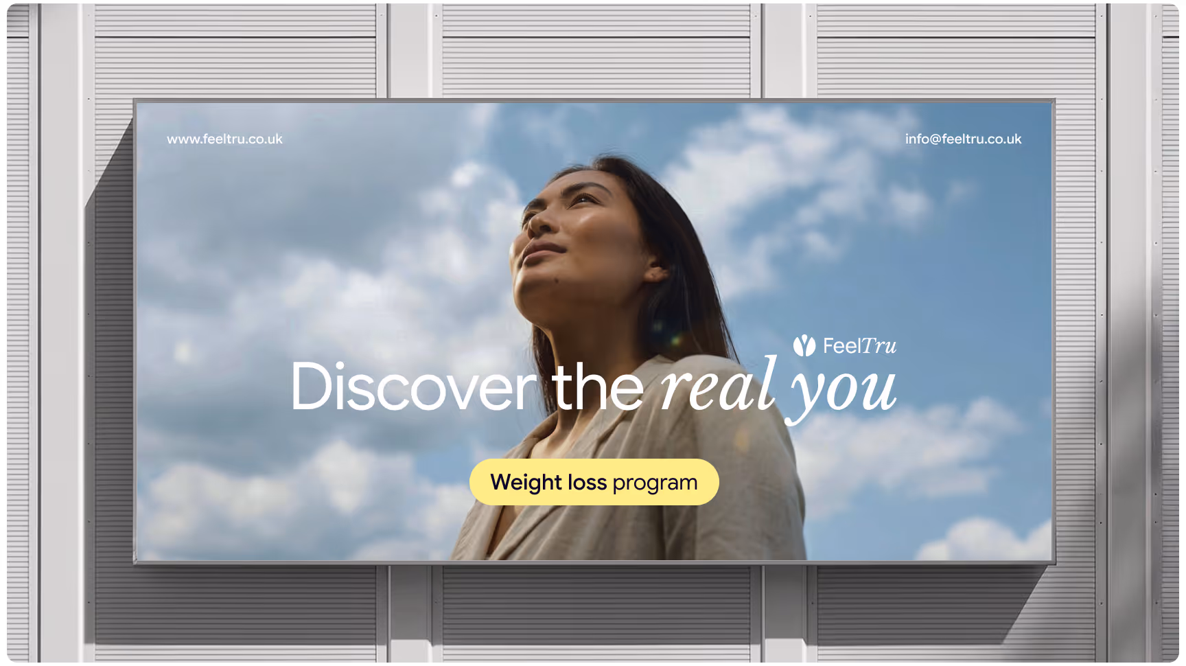 A woman looks hopeful against a blue sky with clouds. The text reads "Discover the real you" and promotes a "Weight loss program." The mood is inspiring.