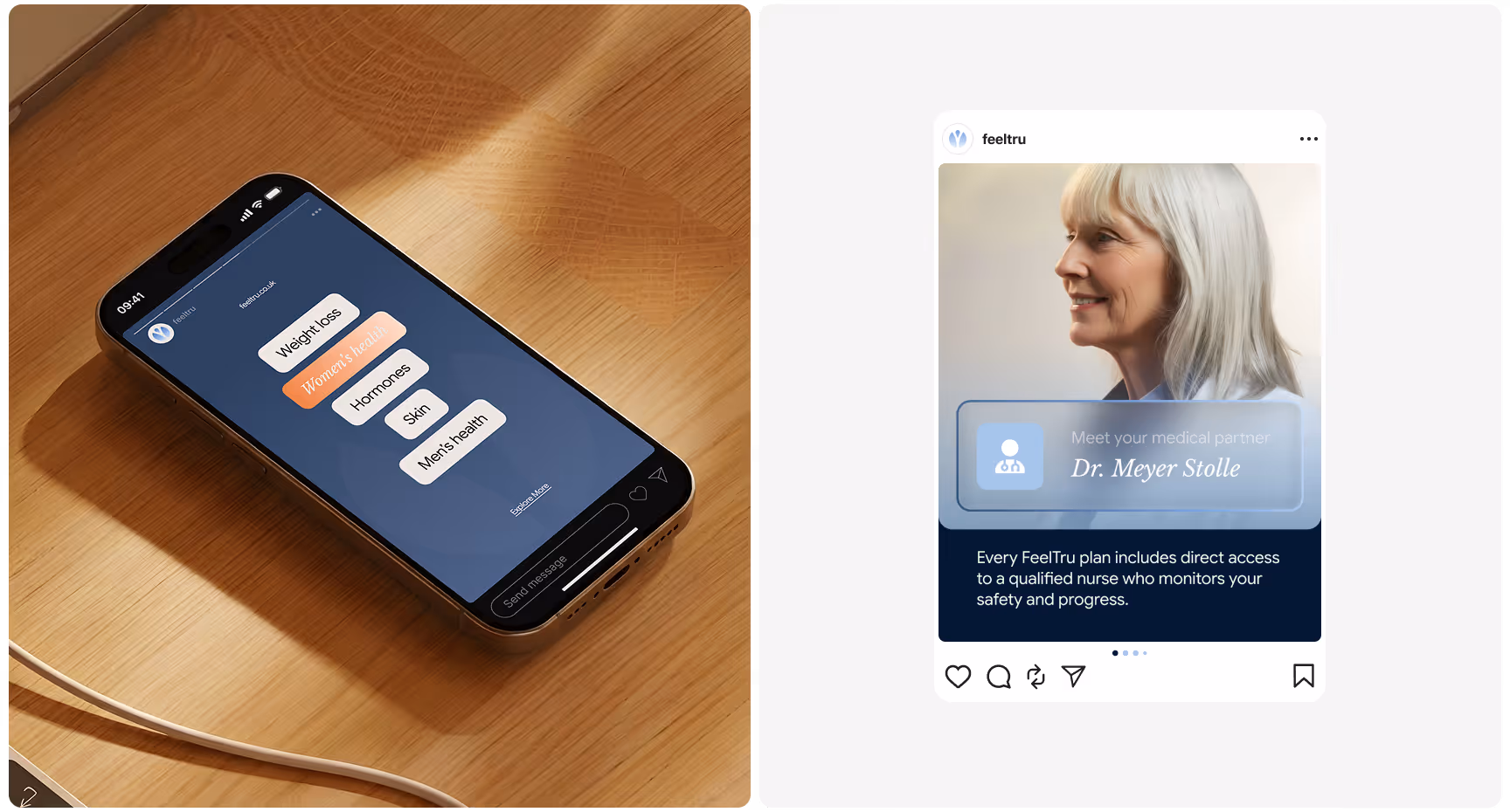 A smartphone on a wooden table shows a health app with categories like "Women's Health" and "Mental Health." Next to it is a social media post featuring a smiling woman with gray hair, labeled as "Dr. Meyer Stolle," promoting FeelTru with a message about m