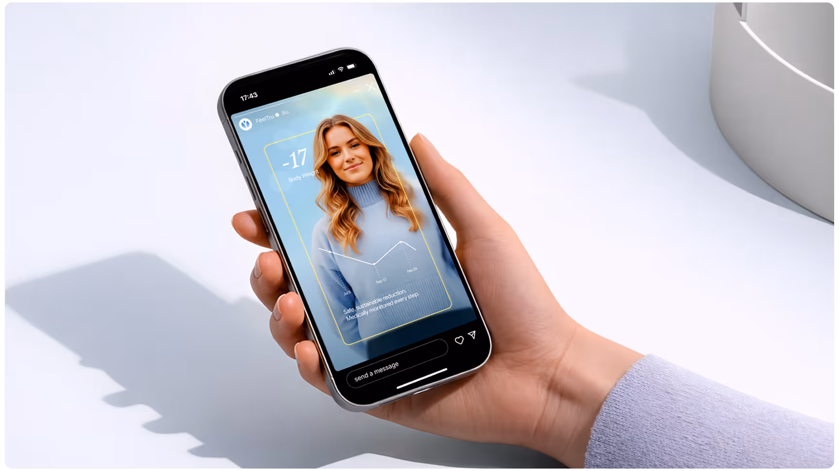 A hand holds a smartphone displaying a woman's photo and a weather app showing -17 degrees. The background is a light blue-gray surface. The tone is modern and tech-savvy.