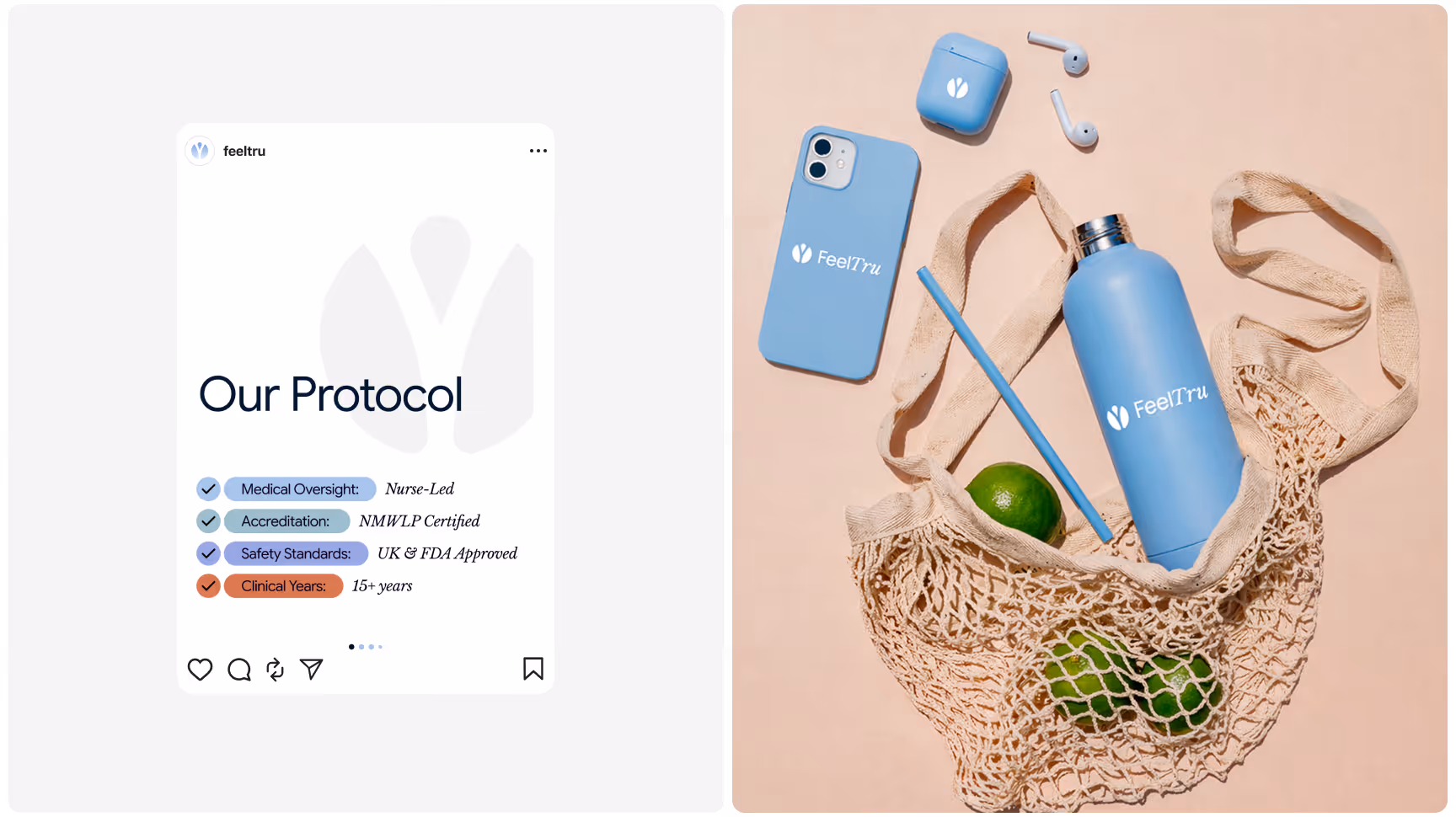 Split image: Left side shows 'Our Protocol' with key points including medical oversight and safety standards. Right side shows a blue Feel Tru water bottle, phone case, earphones, and a net bag with limes on a beige background, conveying a fresh and modern