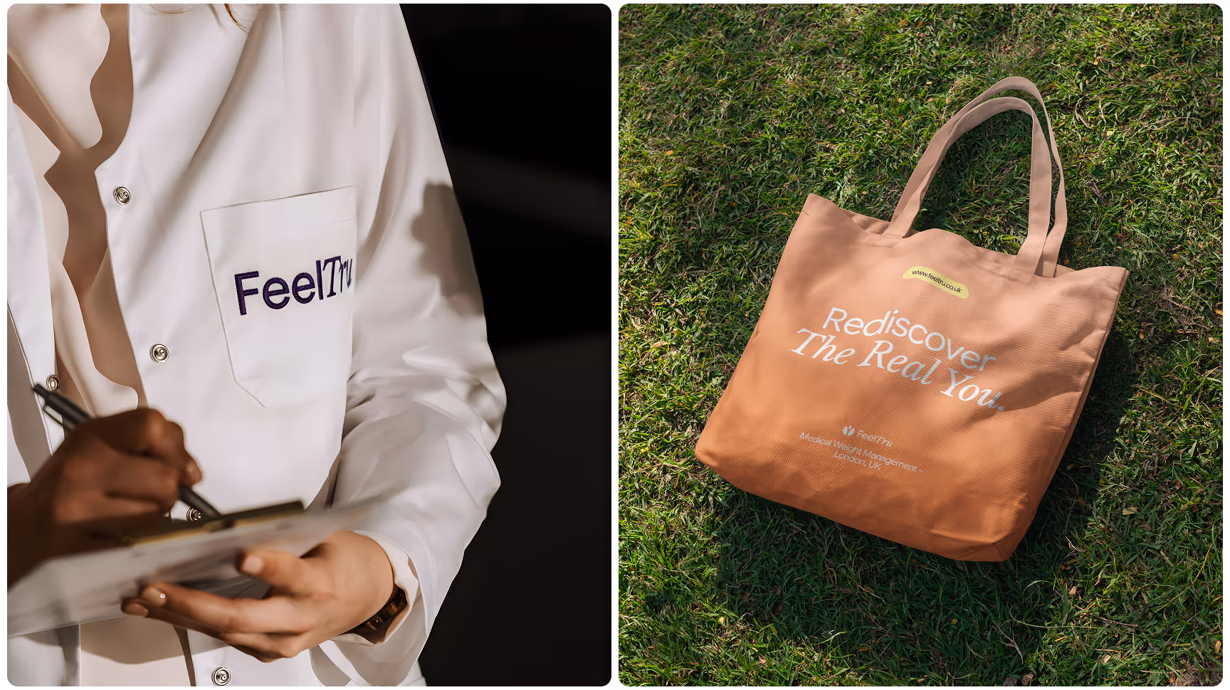 A person in a lab coat writing on a clipboard with "FeelTM" on the pocket. Beside, an orange tote bag on grass says, "Rediscover the Real You."