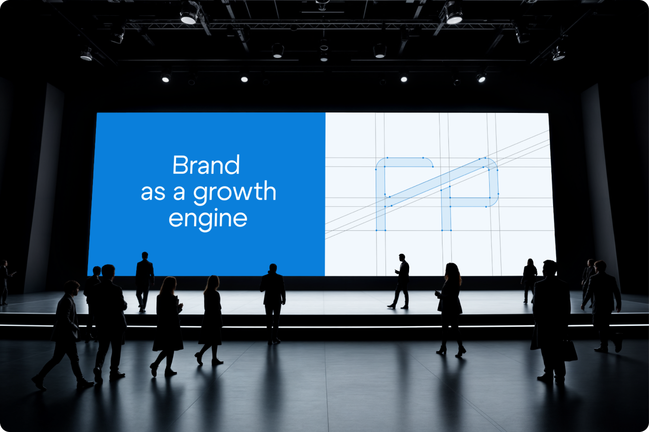 Large screen displaying "Brand as a growth engine" with attendees in silhouette walking by. Modern, professional conference setting with a motivational tone.