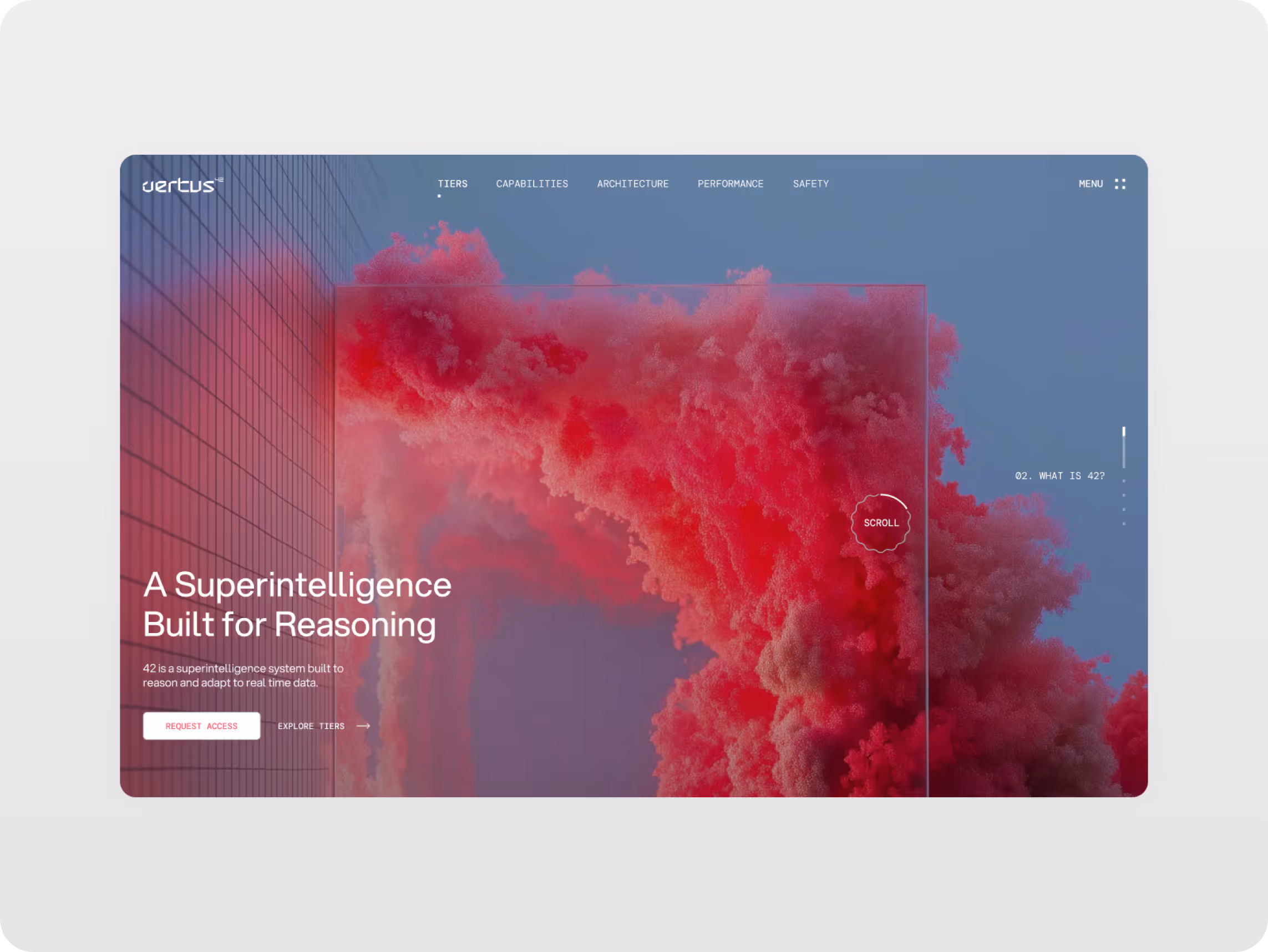 Website design featuring a vibrant pink cloud on a blue background, overlaid with text: "A Superintelligence Built for Reasoning." Sleek, futuristic tone.