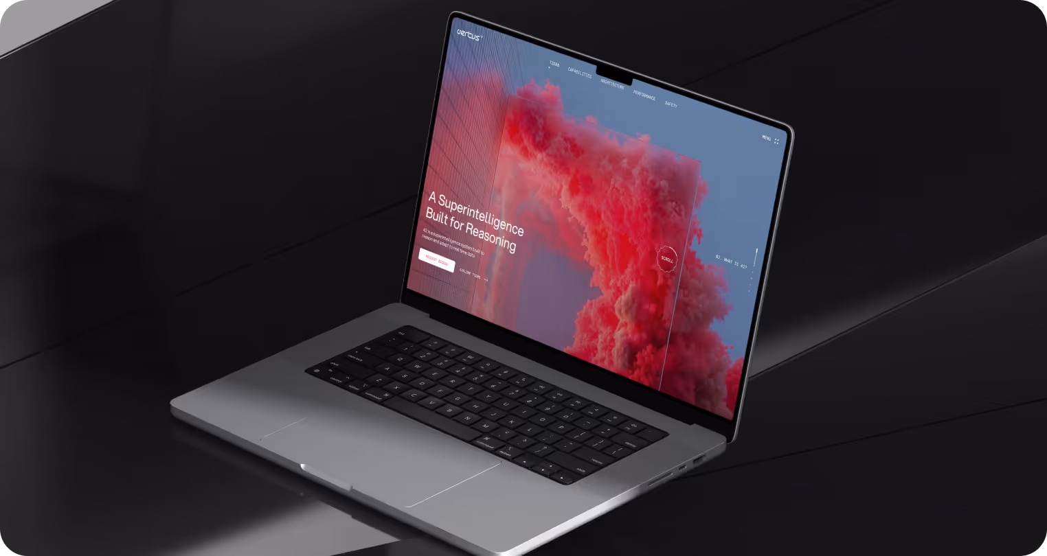 A sleek laptop displays a vibrant screen with red smoke and text: "A Superintelligence Built for Reasoning." The setting is modern and minimalistic.
