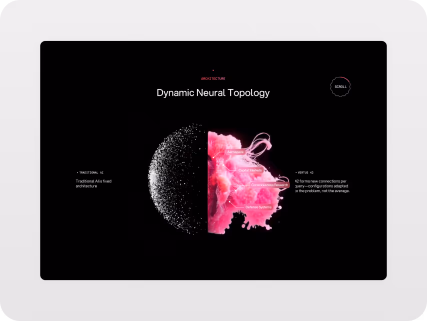 Visual of Dynamic Neural Topology showing a split circle; left side in black and white with dots, right in vibrant pink, labeled with topics like 'Aerospace' and 'Defense Systems.' Text discusses AI architecture differences. Bold, futuristic tone.
