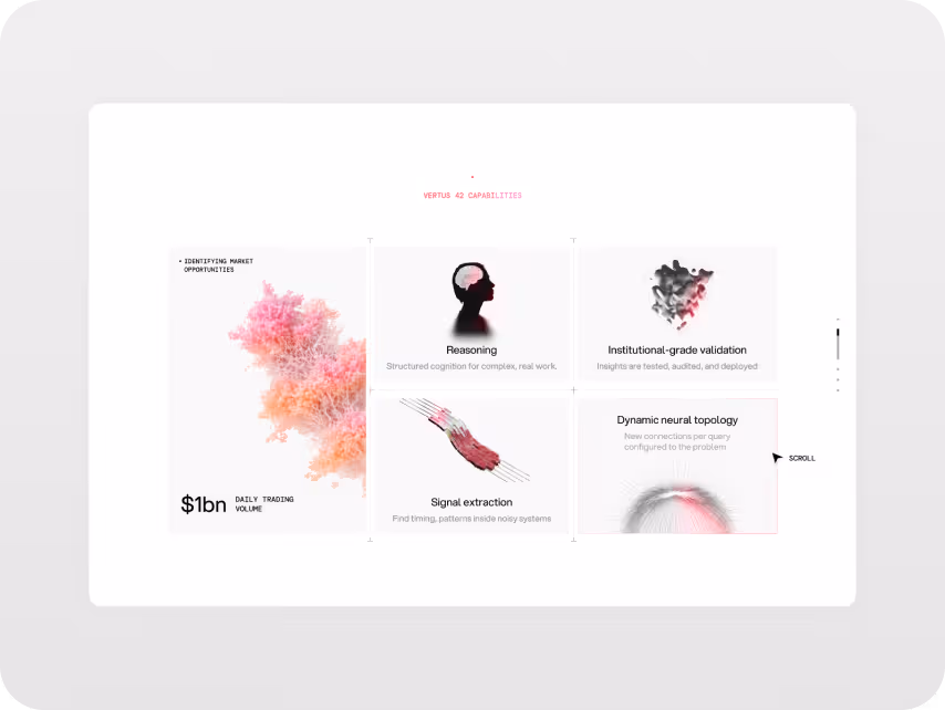 Infographic titled 'Vertus AI Capabilities' with keywords: Reasoning, Institutional-grade validation, Signal extraction, Dynamic neural topology. Includes abstract visuals and '$1bn daily trading volume' in the bottom left.