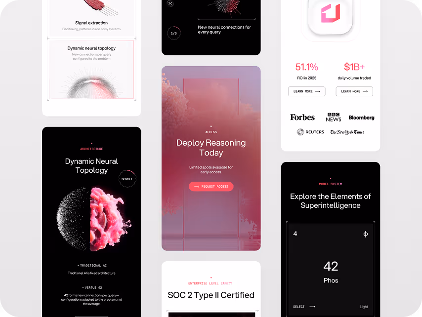 A collage of tech-themed screens displaying neural network graphics, data statistics, and futuristic designs with keywords like "Dynamic Neural Topology" and "Deploy Reasoning Today."