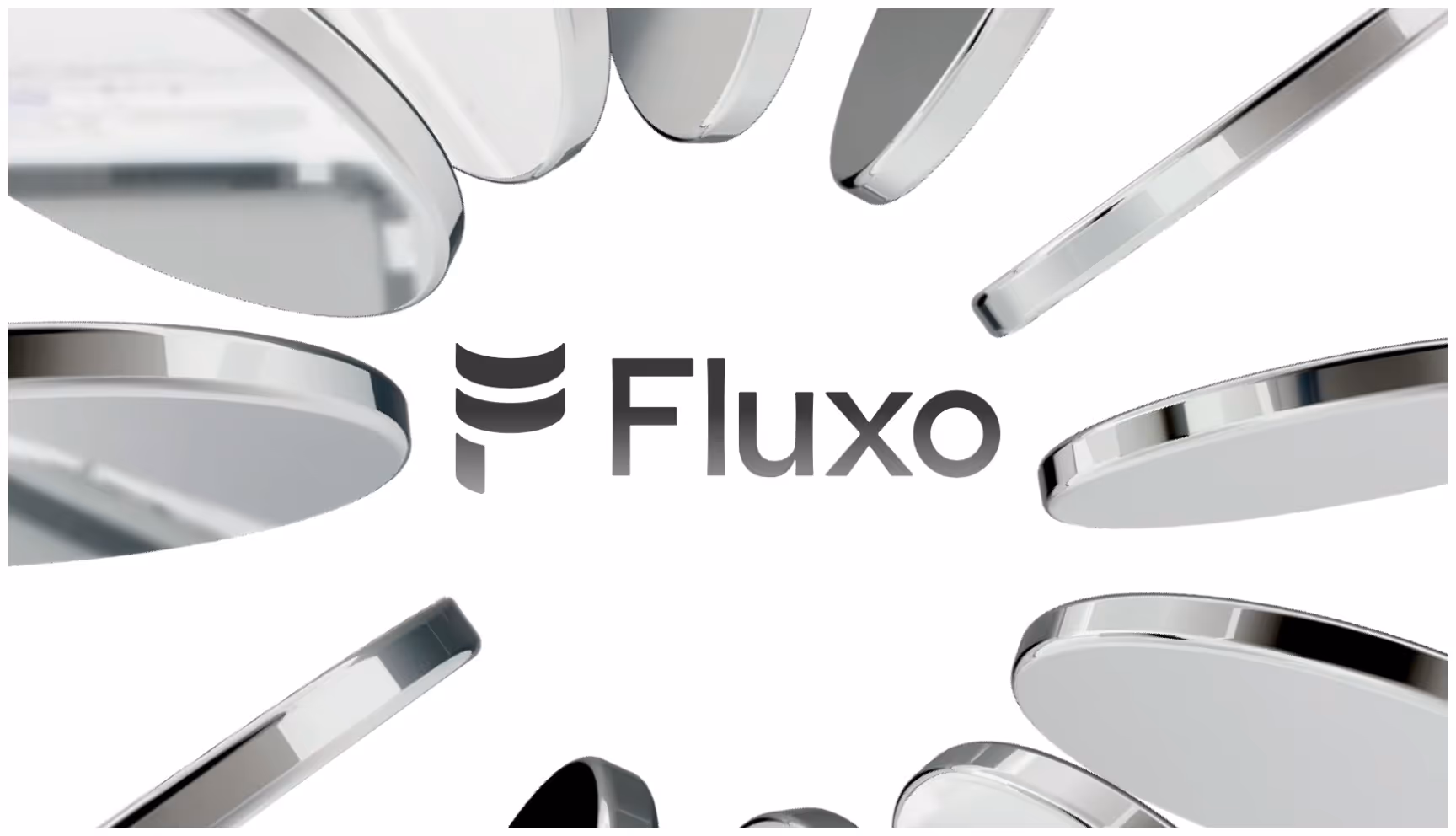 The Fluxo logo centered on a white background, surrounded by circular, metallic-edged objects arranged around the edges of the image.