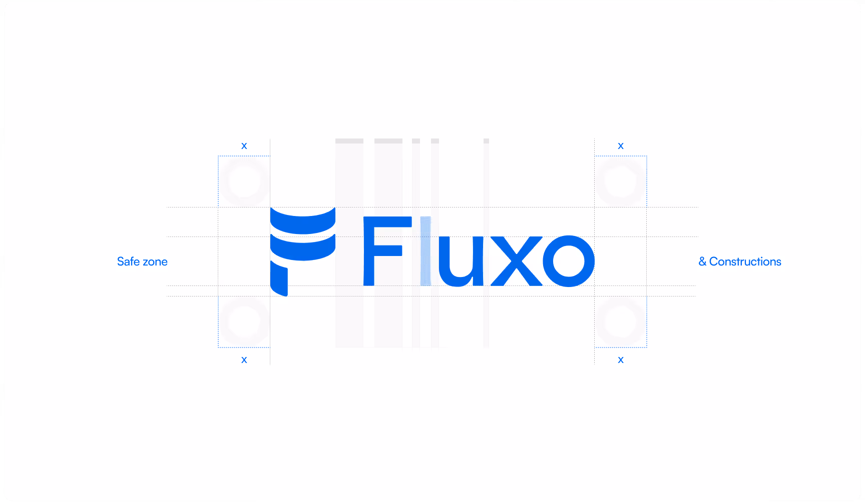 Blue “Fluxo” logo construction guide on a light gray background featuring alignment grids, spacing measurements, and safe zone indicators. The modern geometric logo includes a stylized abstract icon with curved horizontal bands and vertical shapes beside t