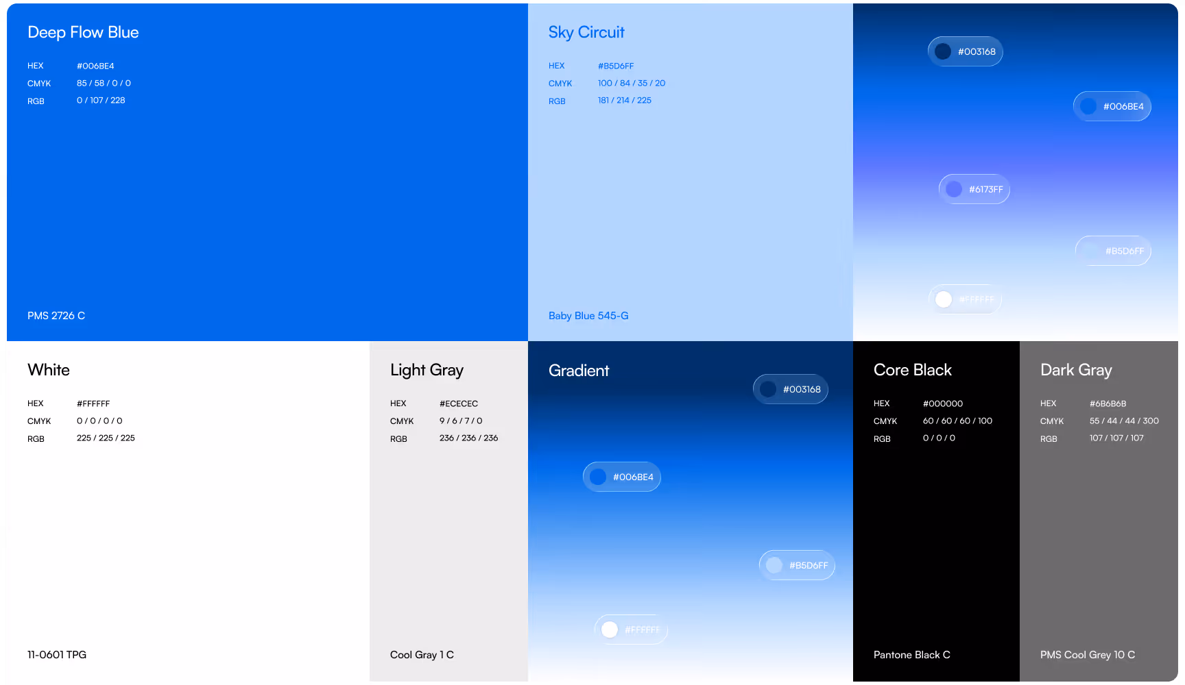 Fluxo brand color palette featuring blue gradients, white, light gray, black, and dark gray swatches with HEX, CMYK, and RGB color values.