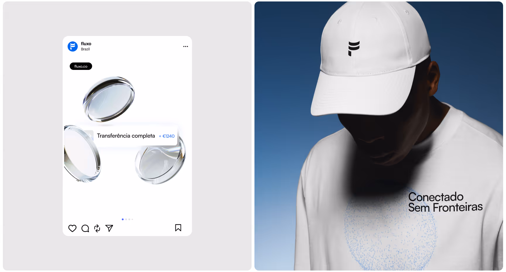 Fluxo branded Instagram-style transfer app mockup alongside minimalist fashion merchandise featuring a white cap and sweatshirt with modern logo design.