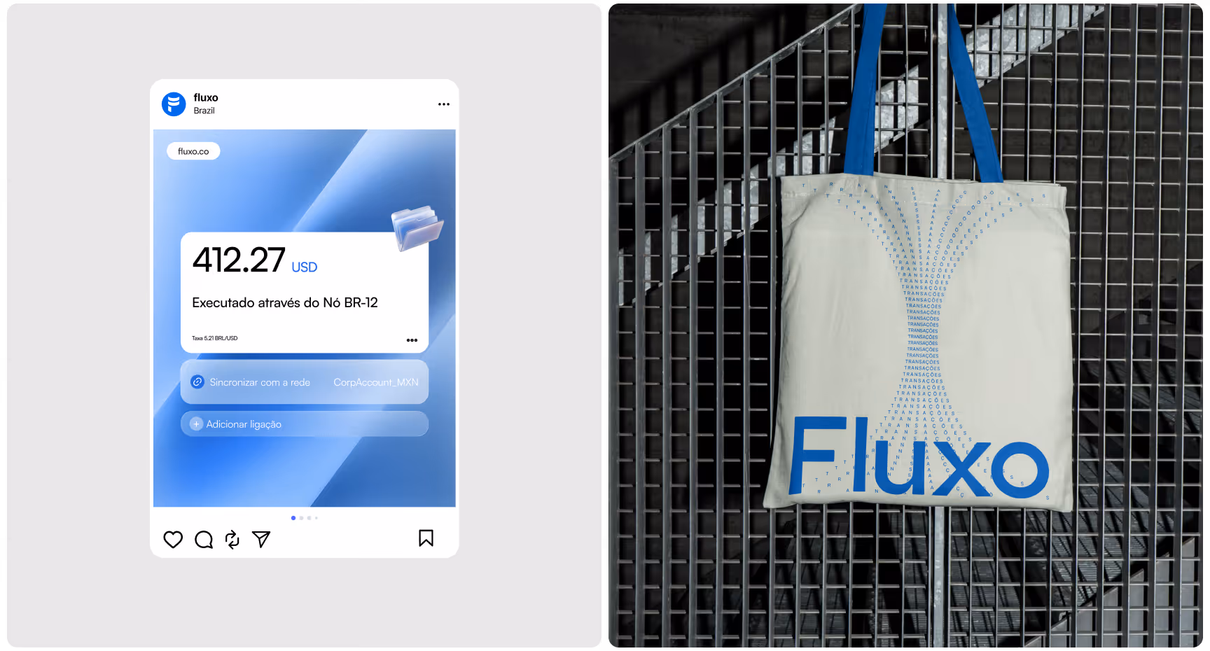 Fluxo financial app interface mockup with blue gradient UI beside a branded tote bag featuring minimalist typography and abstract transaction graphics.