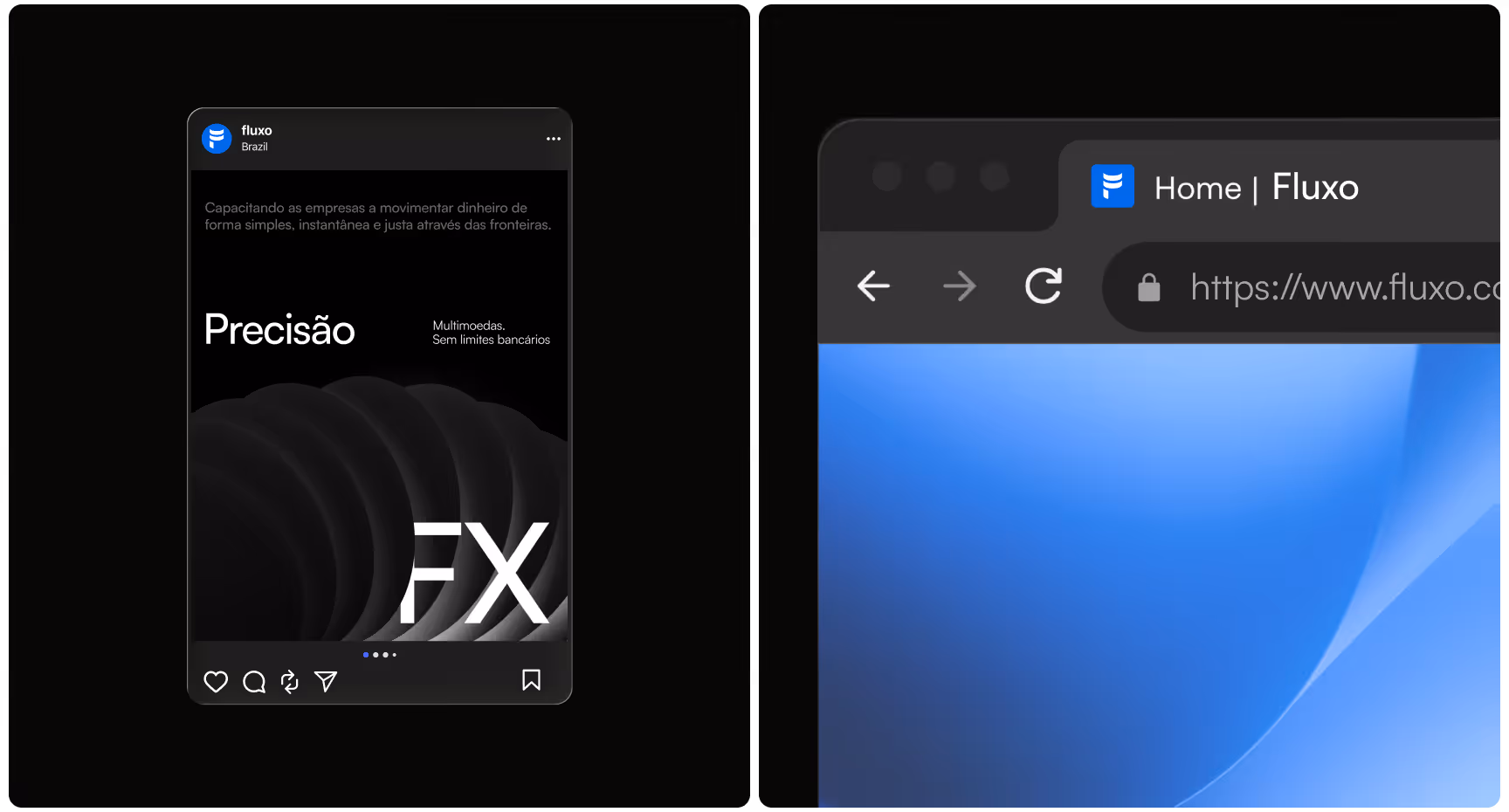 Fluxo dark-mode branding showcase featuring a minimalist social media post and browser interface with blue gradients, modern typography, and sleek fintech visuals.
