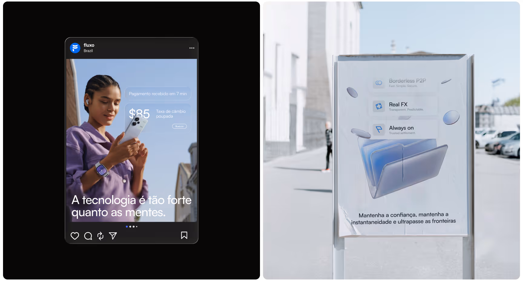 Fluxo social media ad featuring a woman using a smartphone with fintech payment overlays beside a minimalist outdoor billboard promoting global digital transactions.