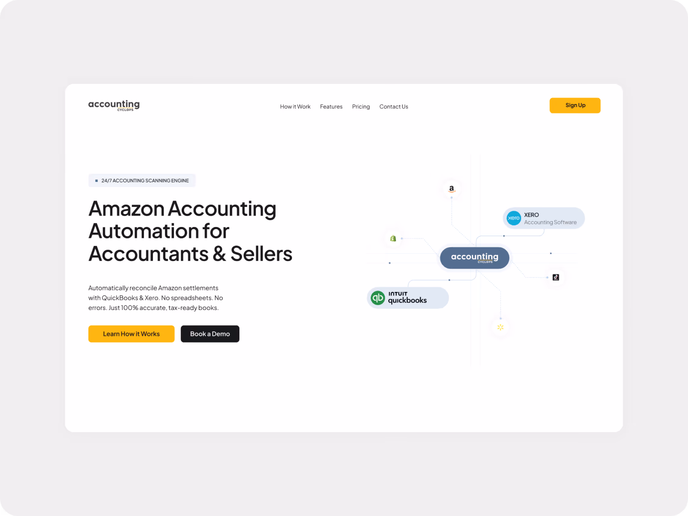 SaaS landing page for Amazon accounting automation software, featuring a clean modern interface, headline, call-to-action buttons, and integrations with QuickBooks, Xero, Shopify, and Amazon.