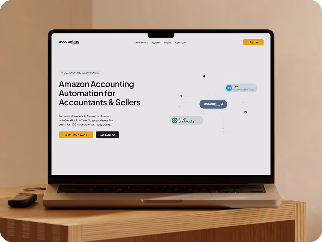 Laptop mockup displaying a modern SaaS landing page for Amazon accounting automation software, featuring a clean UI, integration visuals, and call-to-action buttons on a wooden desk.