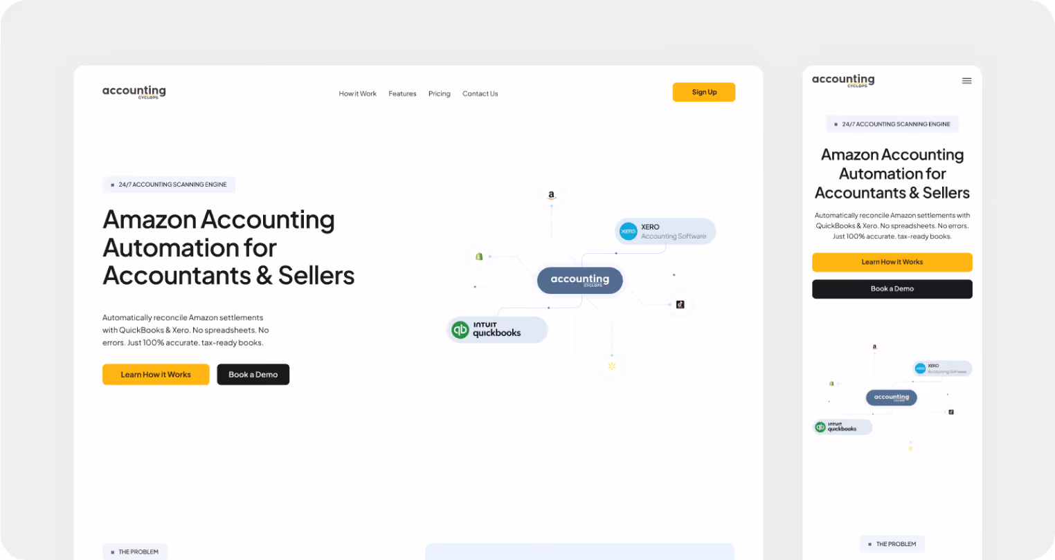 Responsive SaaS website design for Amazon accounting automation, displayed in desktop and mobile layouts with a clean interface, integrations, and conversion-focused call-to-action buttons.