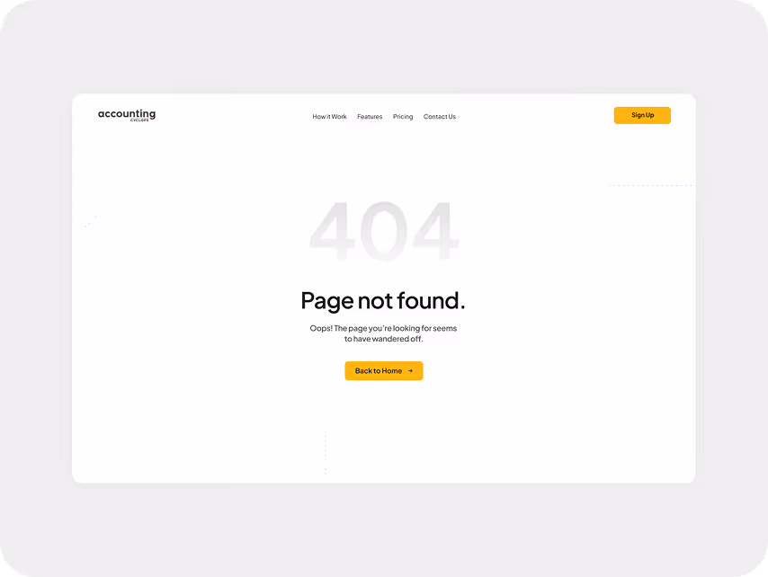 Custom 404 error page design for a SaaS website, featuring a clean minimalist layout, “Page Not Found” message, navigation menu, and a prominent back-to-home call-to-action button.
