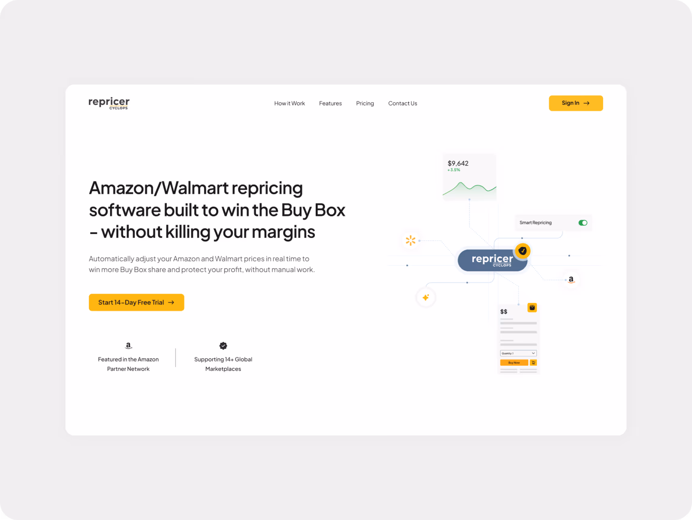 SaaS landing page for Amazon and Walmart repricing software, featuring automated pricing optimization, Buy Box strategy, profit protection, marketplace integrations, and a free trial call-to-action.