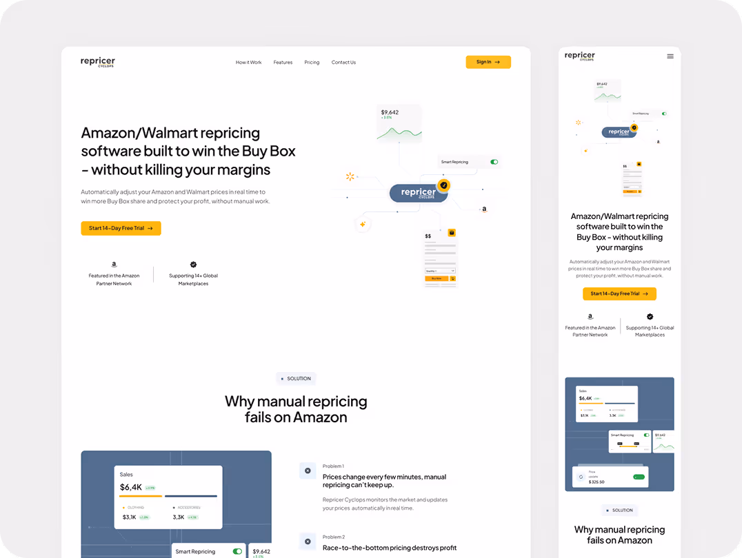 Responsive SaaS website design for Amazon and Walmart repricing software, showcased across desktop and mobile layouts with automated pricing tools, Buy Box optimization features, analytics dashboards, and free trial calls-to-action.