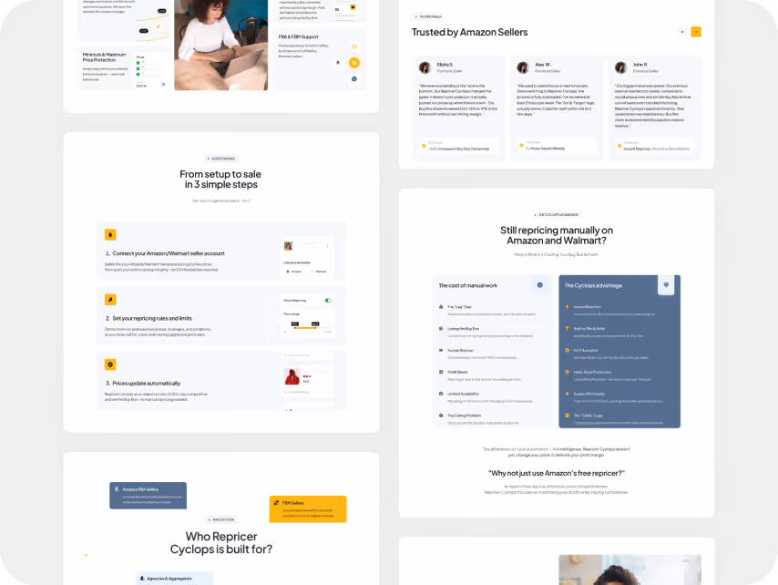 SaaS website sections showcasing Amazon and Walmart repricing software, including customer testimonials, automated setup workflow, competitive pricing advantages, and seller-focused use cases.