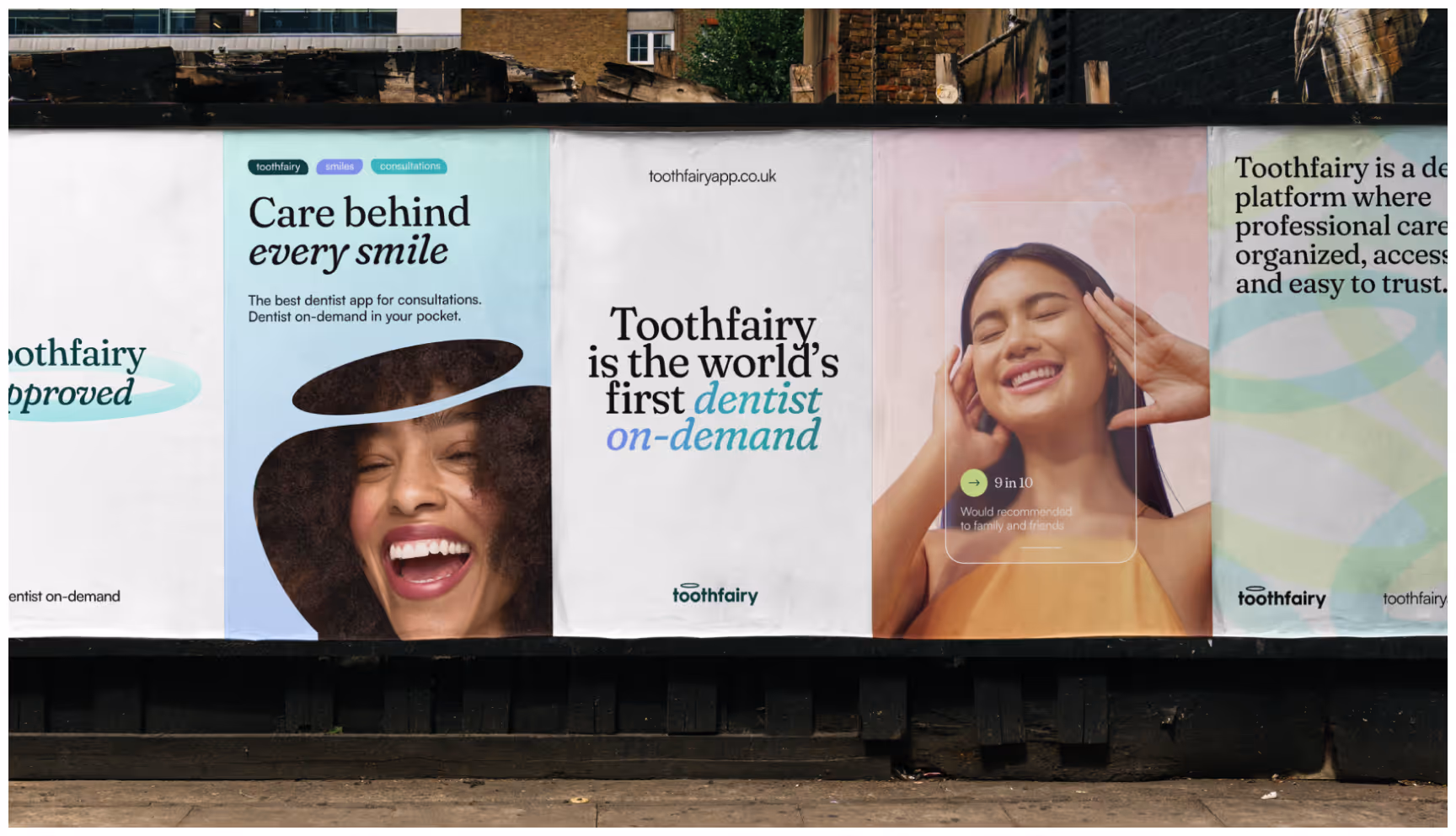 Outdoor billboard campaign for Toothfairy, a dentist-on-demand platform, featuring smiling people, pastel branding, and messaging about accessible dental consultations and trusted oral healthcare services.