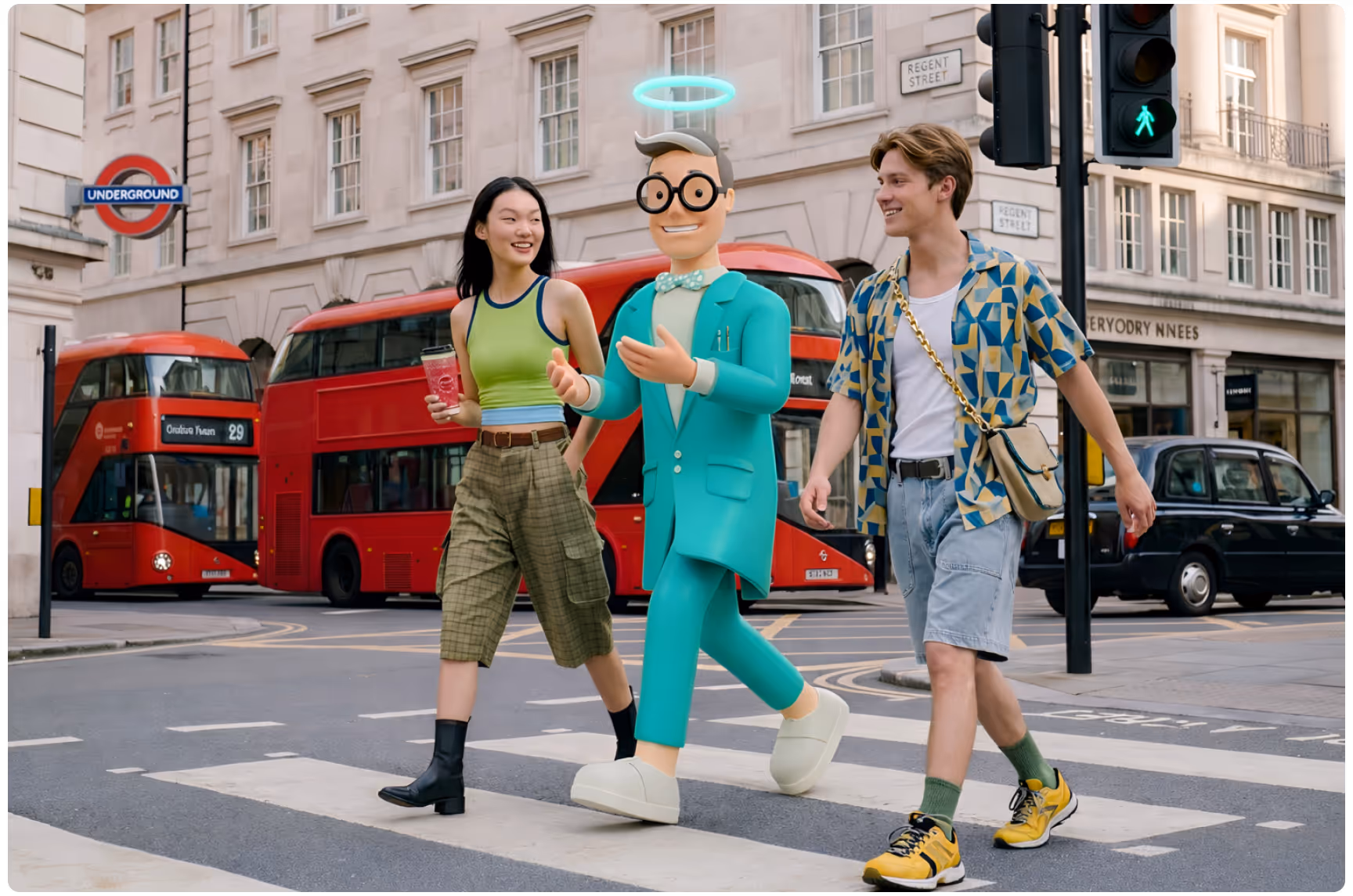 Two young adults walk across a London crosswalk alongside a friendly cartoon mascot in a teal suit, with red double-decker buses and city landmarks in the background, blending real-world urban life with playful brand character marketing.