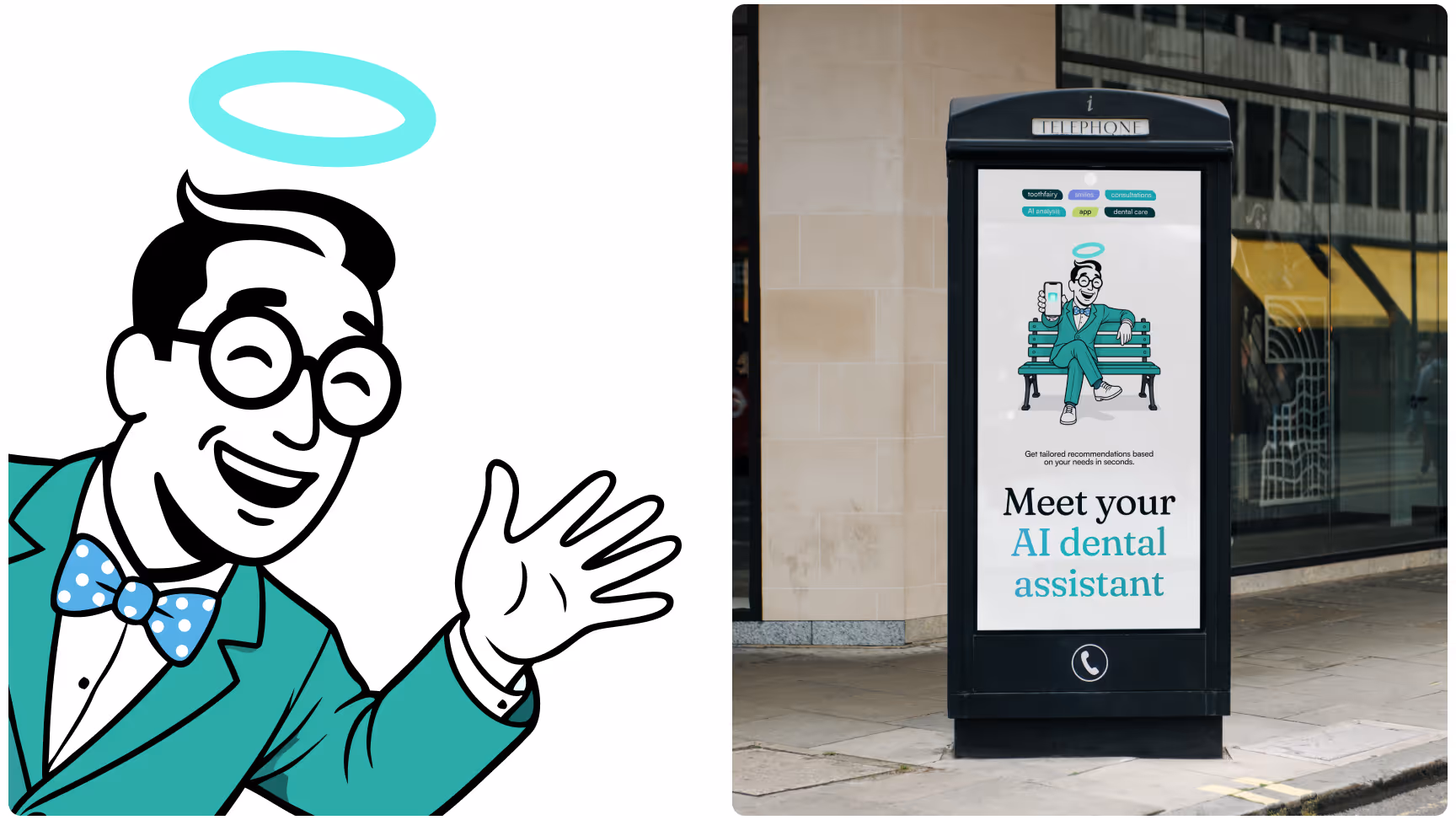 Split-screen brand marketing visual featuring a friendly cartoon dental assistant mascot with a halo and a London street advertising kiosk displaying the message “Meet your AI dental assistant,” promoting AI-powered dental care and personalized recommendat