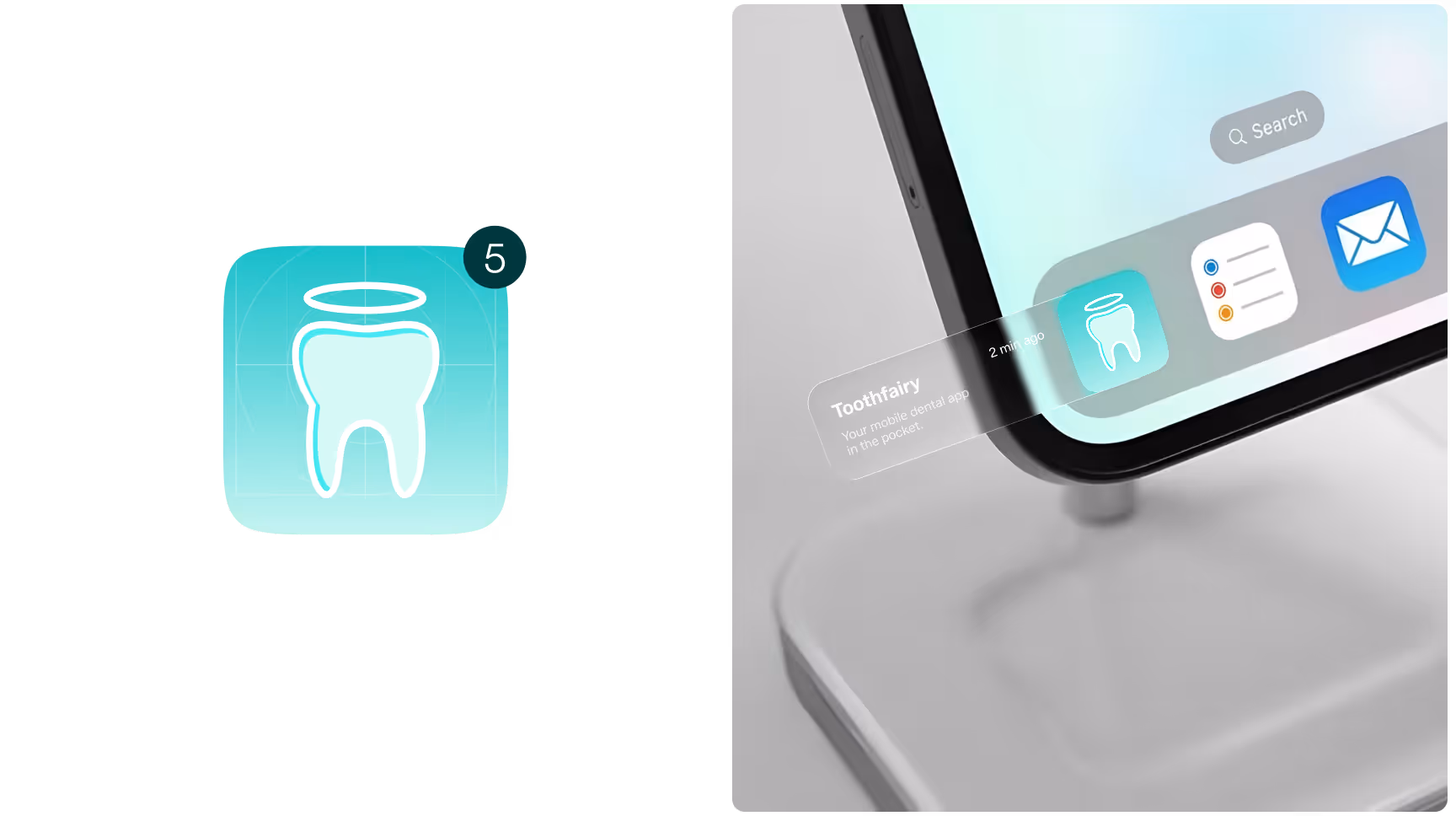 Toothfairy mobile app branding concept featuring a dental app icon with a haloed tooth, notification badge, and smartphone interface, highlighting AI-powered dental care, appointment access, and mobile oral health support.