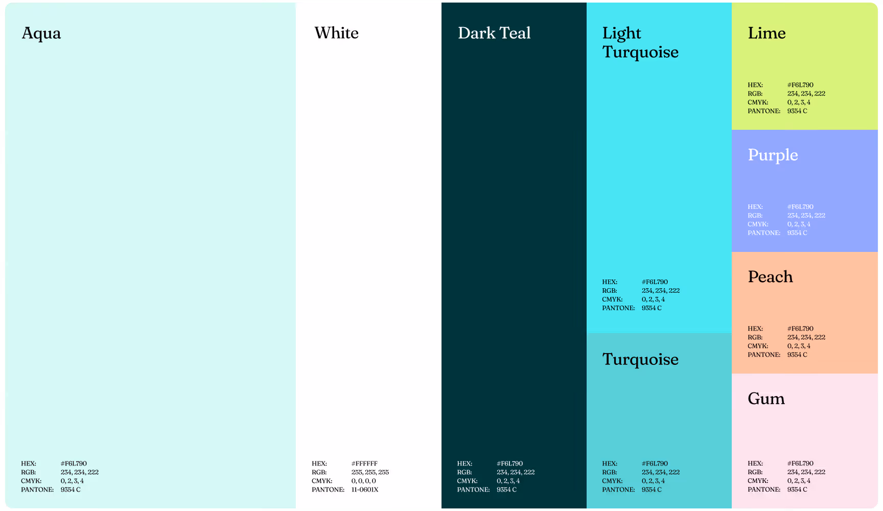 Brand color palette guide displaying Aqua, White, Dark Teal, Light Turquoise, Turquoise, Lime, Purple, Peach, and Gum swatches with corresponding HEX, RGB, CMYK, and Pantone color specifications.