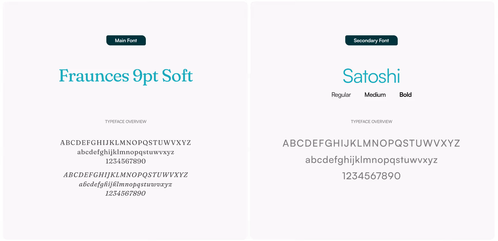 Brand typography guide showcasing Fraunces 9pt Soft as the primary font and Satoshi as the secondary font, with alphabet, numeral, and weight variations for visual identity and branding consistency.